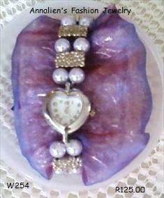 Double strand light purple glass beads and silver spacers heart-shaped, silver face stretchy ladies watch
