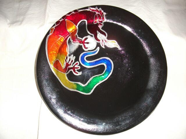 Dragon done in Pewter with glass stainer on ceramic fruit bowl