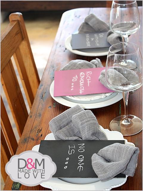Chalkboard mini menu napkin rings R80 for six.
The perfect way to impress friends at a dinner party.