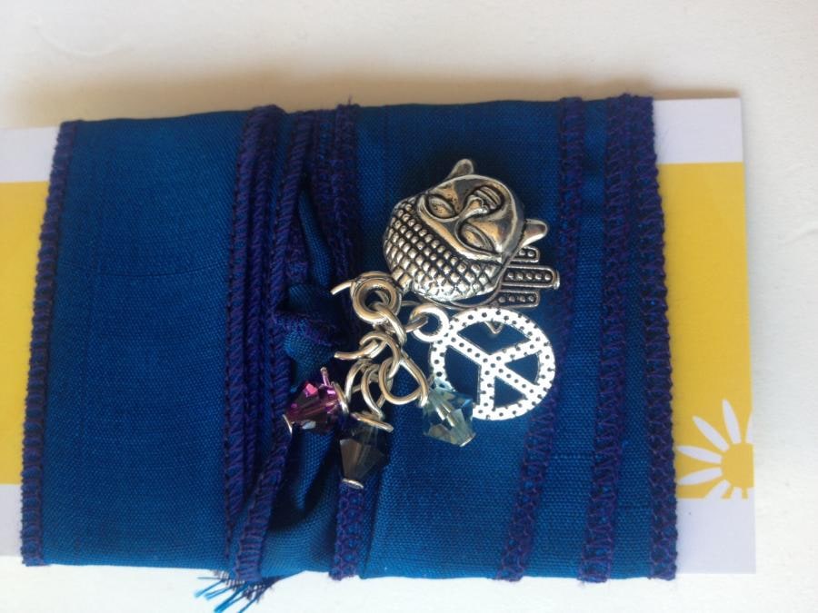 A new range of Beautiful recycled sari silk wrap bracelets with Tibetan silver boho charms and Swarovski crystals. Available in various silk wrap colours, designs and charm collections.