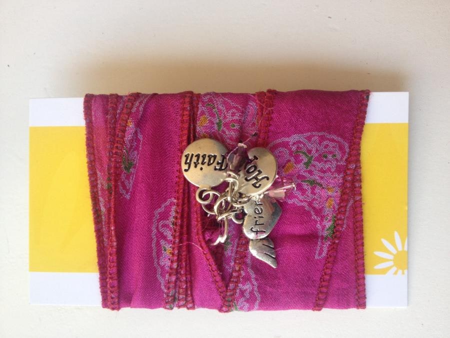 A new range of Beautiful recycled sari silk wrap bracelets with Tibetan silver boho charms and Swarovski crystals. Available in various silk wrap colours, designs and charm collections.